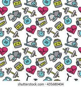 Vector seamless pattern with sport objects. Fitness accessories seamless background in trendy doodle style.