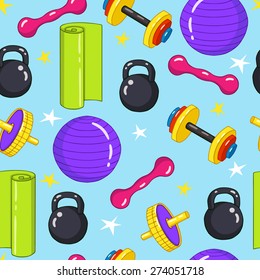 Vector seamless pattern of sports equipment in cartoon style. Vector drawing weights, dumbbells, balls, training equipment.