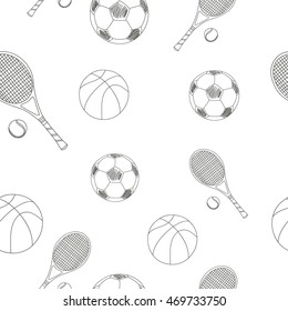 Vector seamless pattern with sports equipment: tennis racket and ball, football, volleyball.