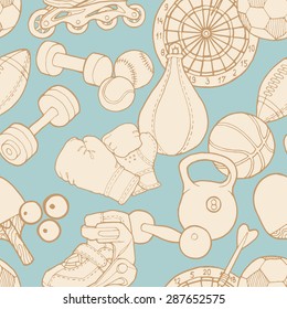 Vector seamless pattern with sports equipments on blue background. Hand drawn vector illustration.