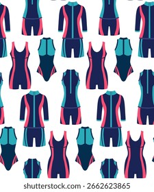 Vector seamless pattern with sports swimsuits. Texture with sports wetsuits for swimming pools, cycling competitions and gymnastics. Background for wallpaper and fabric