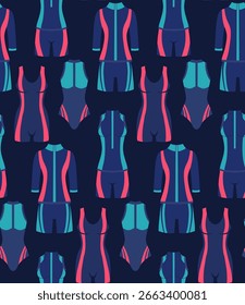 Patrón sin costuras de Vector con trajes de baño deportivos sobre fondo oscuro. Textura con neoprenos deportivos para piscinas, competiciones de ciclismo y gimnasia. Fondo para el Fondo de pantalla y la tela