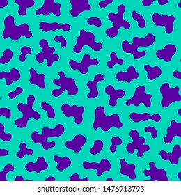 Vector seamless pattern with spots, chaotic liquid shapes. Modern texture in 90s style. Bright neon colors, purple and turquoise. Abstract colorful background of camouflage print. Simple repeat design