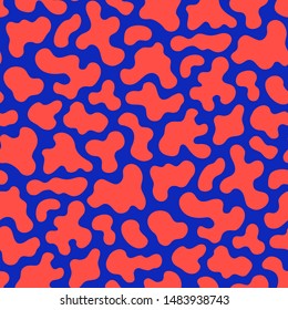 Vector seamless pattern with spots, chaotic liquid shapes. Modern texture in 1990s style. Bright neon colors, red and blue. Abstract colorful background of camouflage print. Stylish repeated design