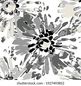 Vector seamless pattern with spots splash. Modern repeating texture. Fancy print with stylized splash flowers black and grey in white background.