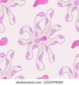 Vector seamless pattern with spotted abstract wavy flowers on light background. Summer or spring floral design for wallpaper, fabric, wrapping paper, notebook covers, bed linen. Milky and pink colors