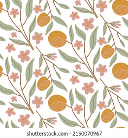 Vector seamless pattern with sprigs and fruits of apricot in gentle pastel colors on a white background.
Design for textiles, wallpaper, paper.