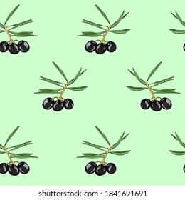 Vector seamless pattern with sprigs of olive tree. Black olives on a branch with leaves. Background on the theme of cooking for kitchen decoration. Wallpaper for Italian or Greek interiors