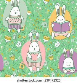 Vector seamless pattern with spring abstract flowers, houses, window and funny rabbits