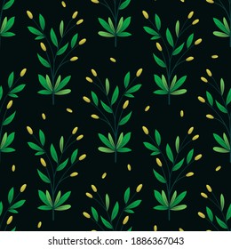 Vector seamless pattern with spring branches on black background; for greeting cards, packaging, invitations, posters, banners.