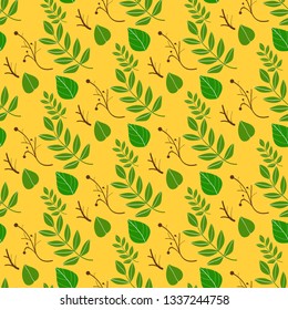 Vector seamless pattern with spring colored leaves isolated on yellow background. Floral organic background. Vector illustration. Leaf bright background pattern