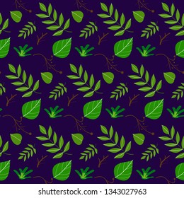 Vector seamless pattern with spring colored leaves isolated on black background. Floral organic background. Vector illustration. Leaf background pattern