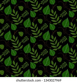 Vector seamless pattern with spring colored leaves isolated on black background. Floral organic background. Vector illustration. Leaf bright background pattern