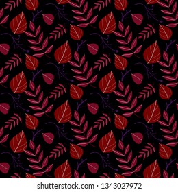 Vector seamless pattern with spring colored leaves isolated on black background. Floral organic background. Vector illustration. Leaf background pattern
