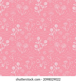 Vector seamless pattern spring floral sketch on a pink background.