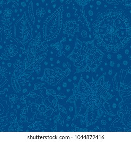 Vector seamless pattern with Spring flowers. Hand drawn floral doodle in blue colors, Spring Sale seamless background