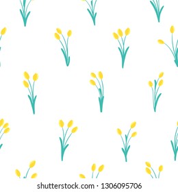 Vector seamless pattern with spring flowers. Cute bouquets of yellow tulips. For wrapping paper, wallpaper, textiles, fabrics, printing