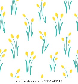 Vector seamless pattern with spring flowers. Cute bouquets of yellow tulips. For wrapping paper, wallpaper, textiles, fabrics, printing