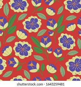 Vector seamless pattern with spring flowers, herbs, leaves isolated on red background. Spring background in cartoon hand drawn style. Minimalistic flowers in bloom. Perfect for textile, fabric