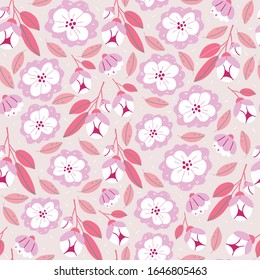 Vector seamless pattern with spring flowers, herbs, leaves isolated on pink background. Spring background in cartoon hand drawn style. Minimalistic flowers in bloom. Perfect for textile, fabric