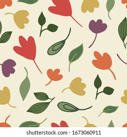 Vector seamless pattern of spring flowers. Digital scrap paper. Simple flowers are hand drawn in doodle style. For the design of surfaces, textiles, packaging, backgrounds. Children's theme