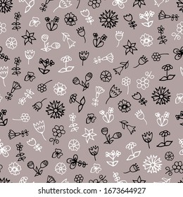 Vector seamless pattern of spring flowers. Digital scrap paper. Simple flowers are hand drawn in doodle style. For the design of surfaces, textiles, packaging, backgrounds. Children's theme