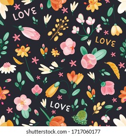Vector seamless pattern with spring flowers and love. Clip art composition of flowers on isolated black background, botanical flat illustrations