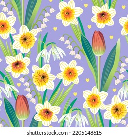 Vector seamless pattern with spring flowers daffodils, tulips, lilies of the valley and snowdrops.