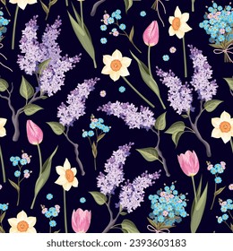 Vector seamless pattern with spring flowers