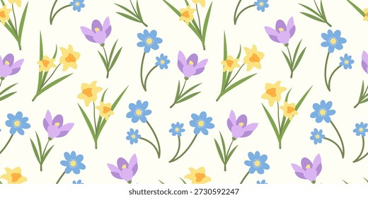 Vector Seamless Pattern with Spring Flowers. Seamless Pattern with Narcissus, Hepatica, Crocus. Summer or Spring Print for Fabric, Packaging, Texture, Background, Wallpaper, Easter.