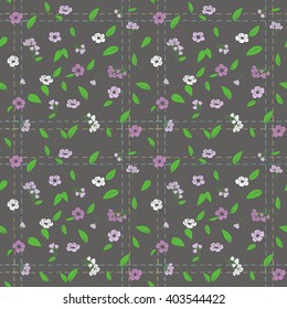 vector seamless pattern - spring flowers, leaves and stitches in the fabric