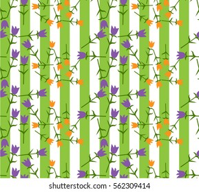 Vector seamless pattern. Spring flowers purple and yellow tulips on green striped  background wallpaper backdrop, spring mood.
