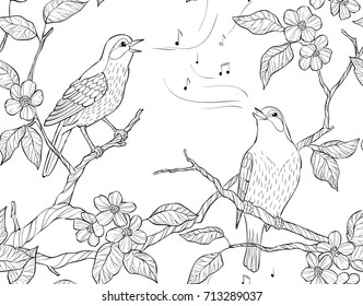 Vector seamless pattern. Spring garden composition. A bird sings on a bloom branch. Ornate decorative black and white illustration.