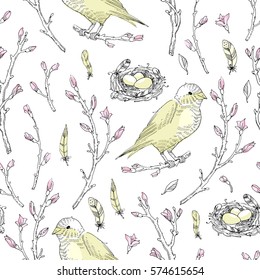 Vector seamless pattern. Spring gentle brunch of cherry bud with feather, bird and nest isolated on white background 