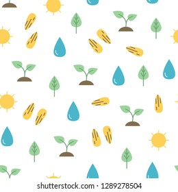 Vector seamless pattern with spring nature symbols. Growing plants seamless pattern.