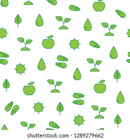 Vector seamless pattern with spring nature symbols. Growing plants and apples seamless pattern.
