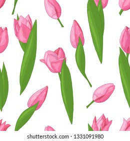 Vector seamless pattern with spring pink tulips on white background