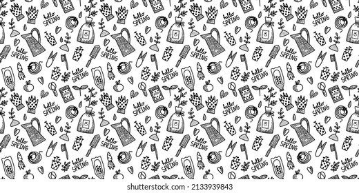 Vector seamless pattern. Spring summer gardening collection in doodle hand drawn style. Surface design. Equipment for Growing plants watering can, boots, seeds, gloves, vegetables, seedlings.
