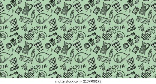 Vector seamless pattern. Spring summer gardening collection in doodle hand drawn style. Surface design. Equipment for Growing plants watering can, boots, seeds, gloves, vegetables, seedlings.
