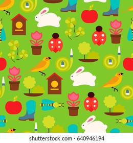 Vector seamless pattern of spring symbols and garden tools