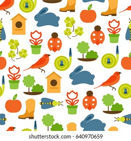 Vector seamless pattern of spring symbols and garden tools