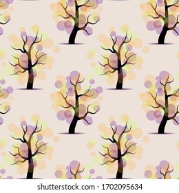 Vector seamless pattern of spring trees in orange and violet foliage. Romantic design for gift wrapping paper