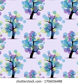 Vector seamless pattern of spring trees in blue, yellow and and violet foliage. Nature design for gift wrapping paper