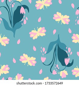 Vector seamless pattern with spring wildflowers and butterflies 