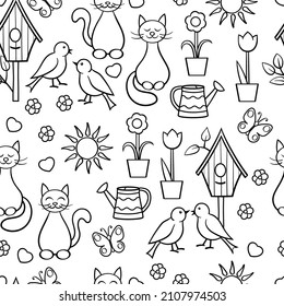 Vector seamless pattern with springtime, birds, birdhouse, cats, flowers. Coloring page