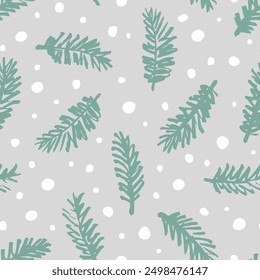 Vector seamless pattern with spruce branches and snowflakes. Cute Christmas design for wrapping paper, textile, wallpaper and backgrounds.