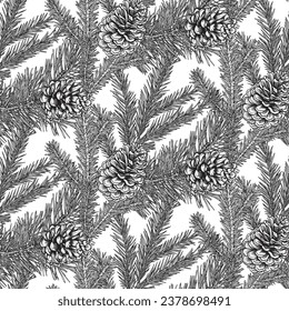 Vector seamless pattern with spruce and pine branches and pine cones