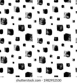 Vector seamless pattern with square brush strokes. Hand drawn abstract geometric background. Modern black and white ornament with bold and tiny square stamps. Grunge rectangles, ink illustration. 