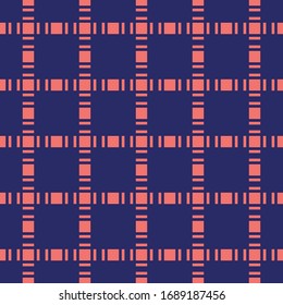Vector seamless pattern with square grid, net, lattice. Abstract geometric texture. Dark blue and coral color. Simple modern minimal ornament. Stylish checkered background. Repeat tileable design