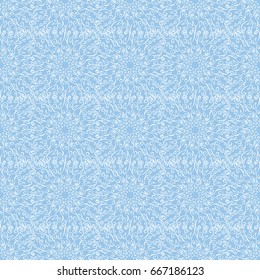 Vector seamless pattern of square shaped almost white overlaying ornate doodles on the light blue background
